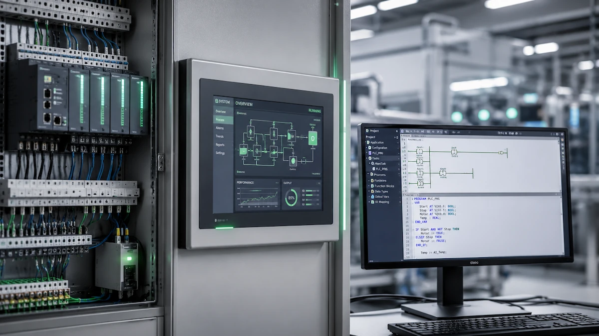 Üretim hatları proses kontrolü PLC HMI ve SCADA entegrasyonu için endüstriyel otomasyon sistemleri
